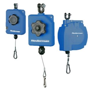 Équilibreurs de charge Nederman série 810, trois modèles à carter composite bleu avec câble et mousqueton