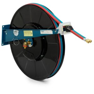 Enrouleur Nederman 876 pour tuyaux doubles oxygène et acétylène, tambour ouvert acier avec bras bleu