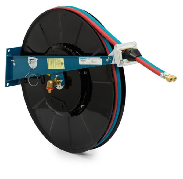 Enrouleur Nederman 876 pour tuyaux doubles oxygène et acétylène, tambour ouvert acier avec bras bleu