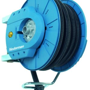 Enrouleur d'aspiration Nederman 881 Ex certifié zone ATEX 22, tambour ouvert bleu avec gaine spiralée
