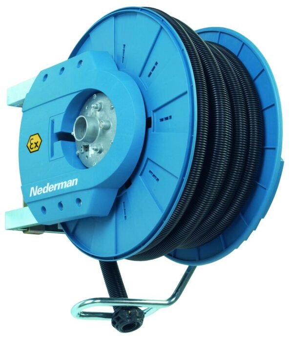 Enrouleur d'aspiration Nederman 881 Ex certifié zone ATEX 22, tambour ouvert bleu avec gaine spiralée