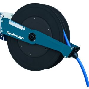 Enrouleur de tuyau Nederman 888 à tambour ouvert, tambour noir et bras bleu, pour montage mural ou plafond