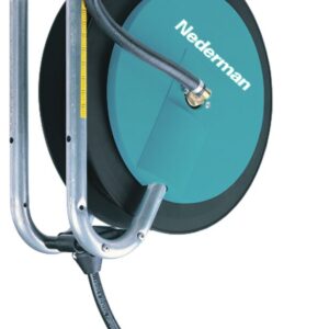 Enrouleur de tuyau Nederman 893 à tambour ouvert, tambour noir et revêtement bleu, usage polyvalent en atelier