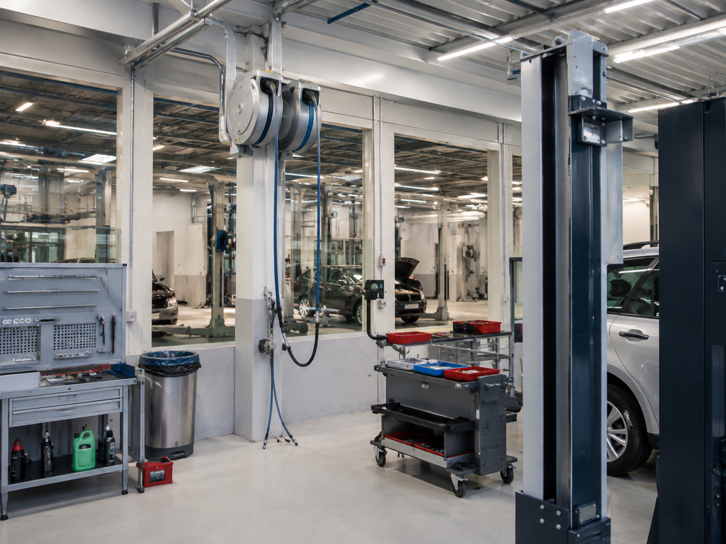 Enrouleur d'air comprimé suspendu au plafond d'un atelier automobile, tuyau descendant vers le poste de travail