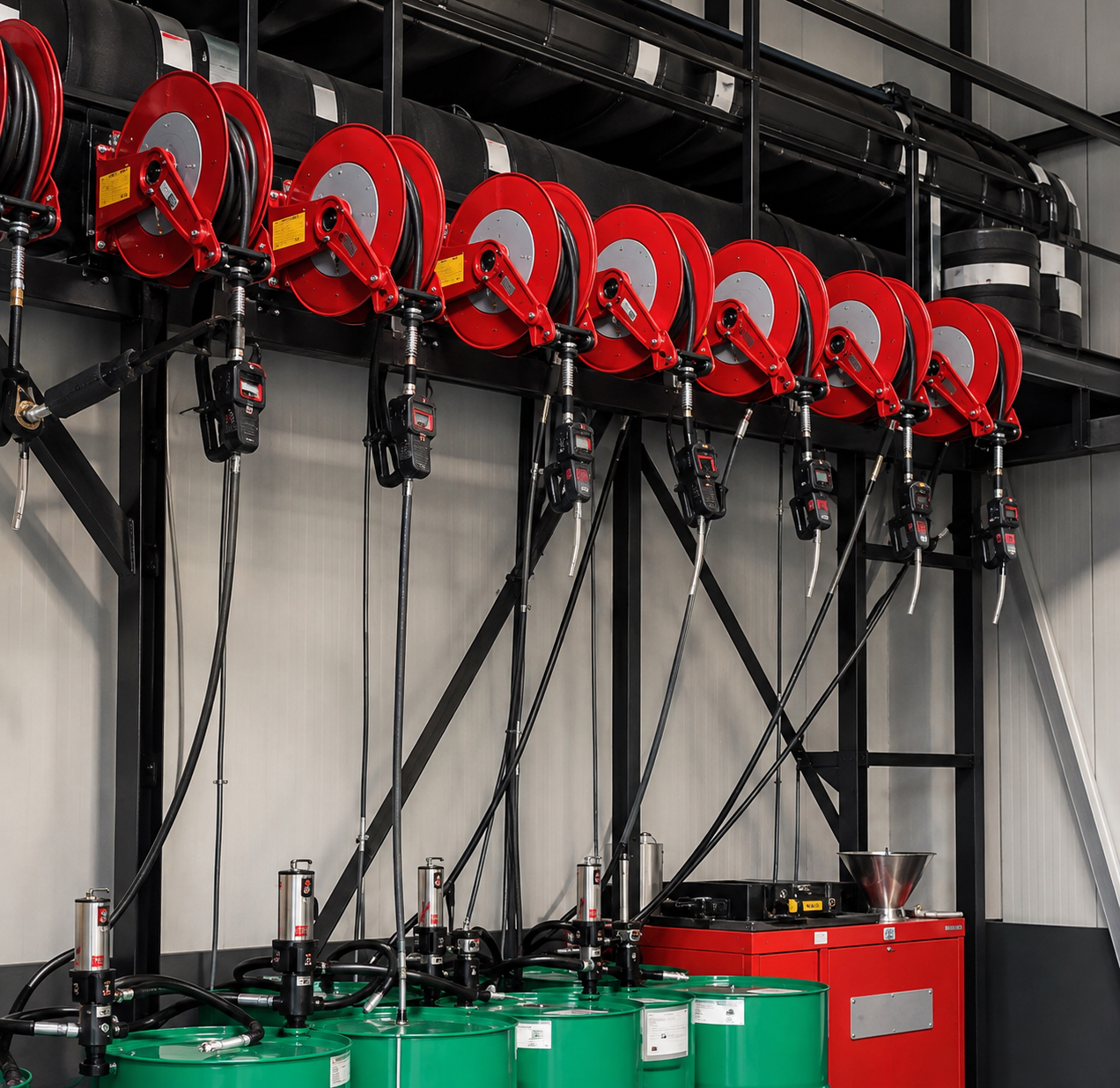 Poste de distribution de lubrifiant en atelier poids lourd, enrouleur mural et pistolet compteur