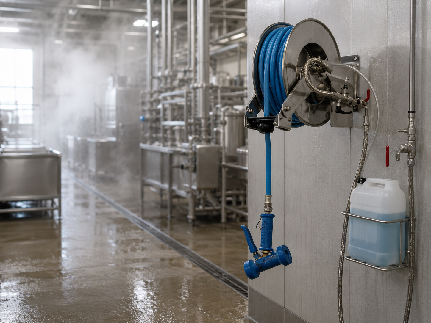 Poste vapeur en agroalimentaire équipé d'un enrouleur inox et d'un tuyau gainé