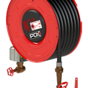 RIA POK type EDF DN 33, dévidoir acier rouge tournant-pivotant avec robinet d'arrêt à volant et clé tricoises