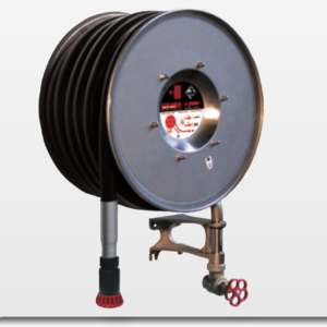 Robinet d'incendie armé pivotant inox R. Pons EUR5 Inox, dévidoir en acier inoxydable poli pour ambiance corrosive