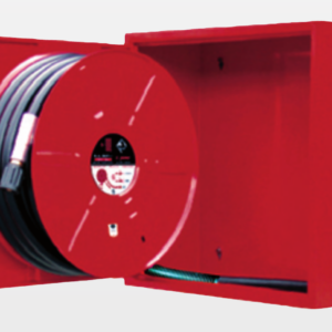 Robinet d'incendie armé en coffret R. Pons EURC, dévidoir monté sur la porte du coffret acier rouge