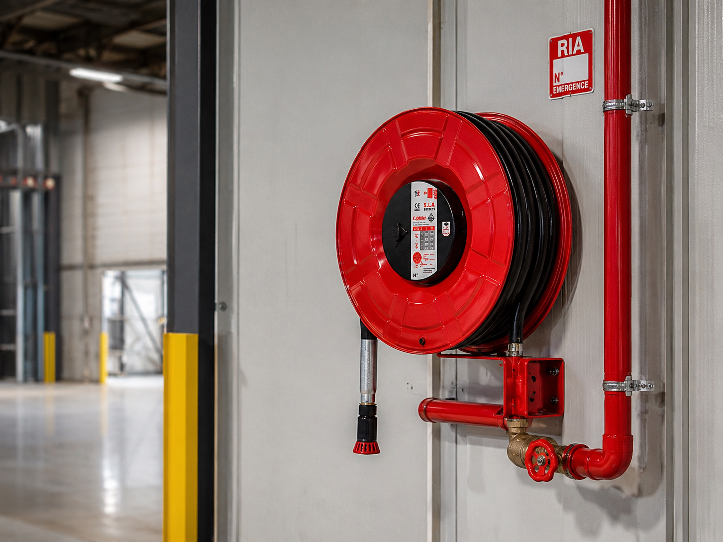 Robinet d'incendie armé à dévidoir tournant installé sur une cloison d'entrepôt industriel, avec colonne d'alimentation et vanne d'arrêt