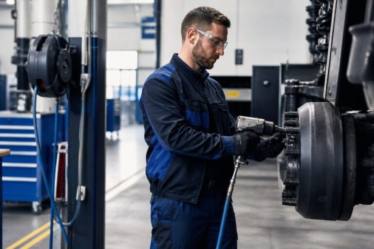 Enrouleur d'air comprimé en service dans un atelier