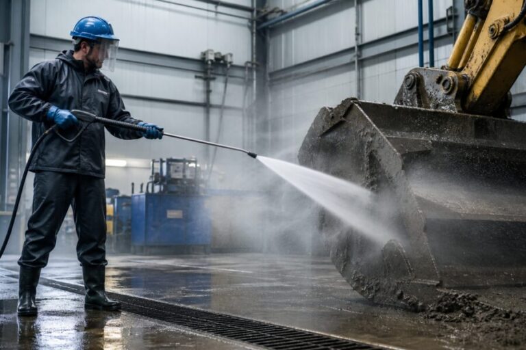 Enrouleur d'eau haute pression sur poste de nettoyage industriel