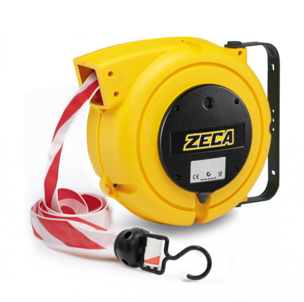 Enrouleur de délimitation Zeca 4801 à carter jaune, ruban rouge et blanc de 20 mètres