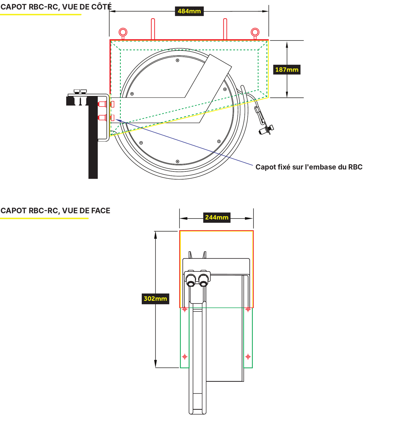 Plan du capot de protection inox RBC-RC monté sur le RBC-HD